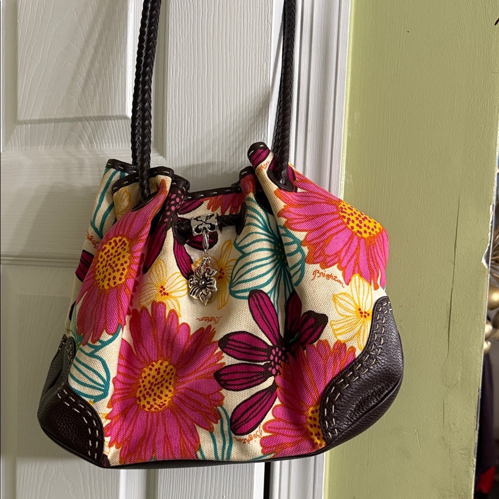 Brighton Floral Canvas Shoulder Bag with Brown Trim-Authentic